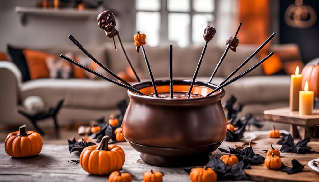 fondue de chocolate com vários chocolates de halloween
