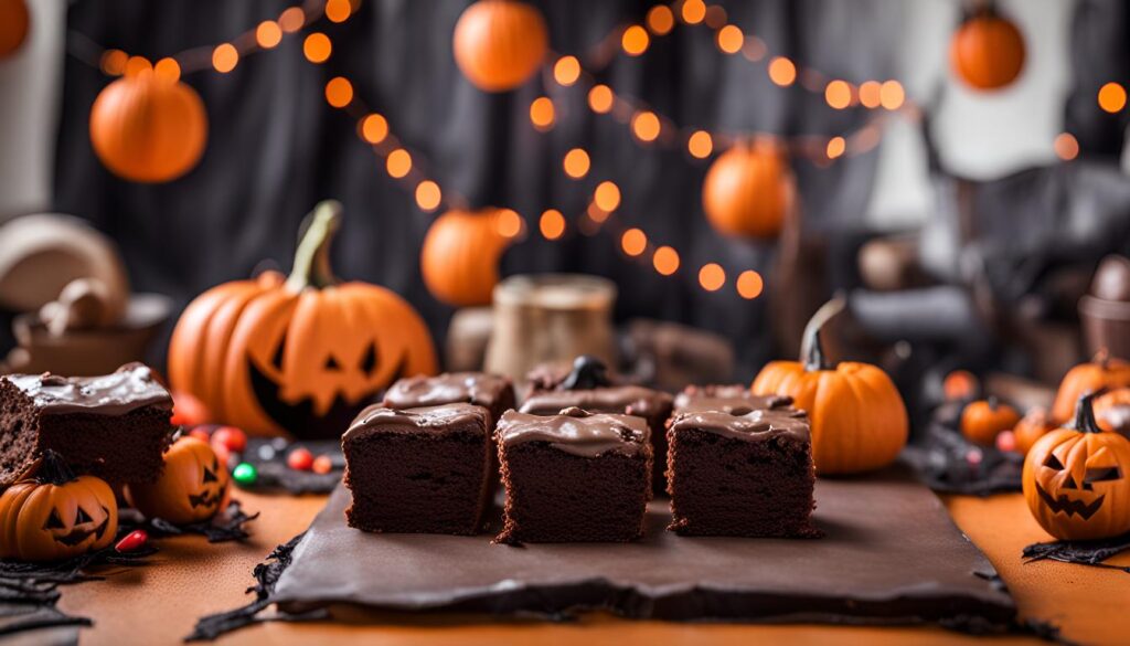 brownies de chocolate e vários chocolates de halloween
